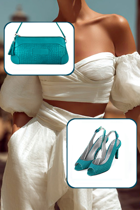Dress heels peep-toe slingback in turquoise blue leather with high slim heels and square toe - Worn view